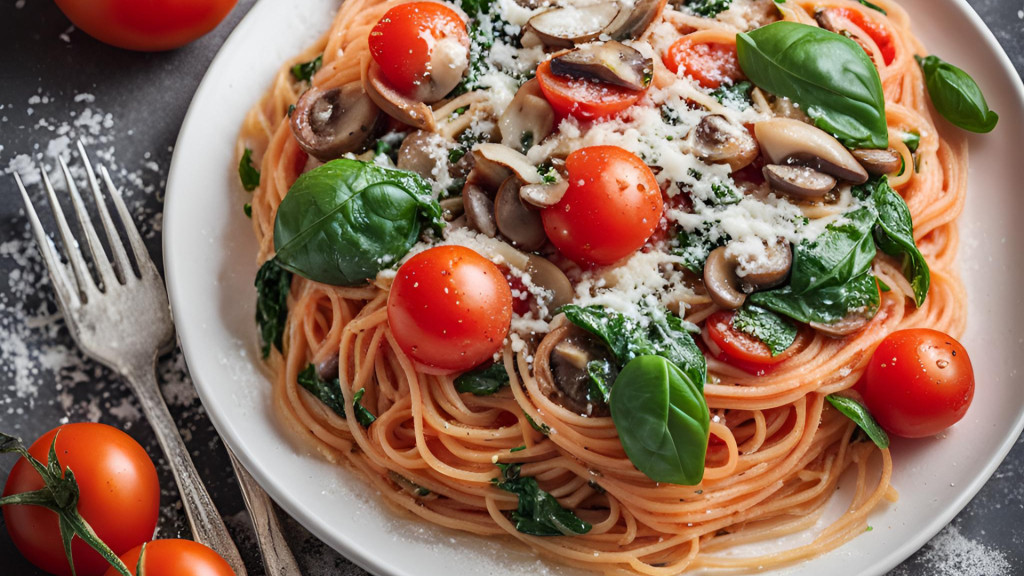 Spaghetti estival aux tomates, aux champignons, aux épinards