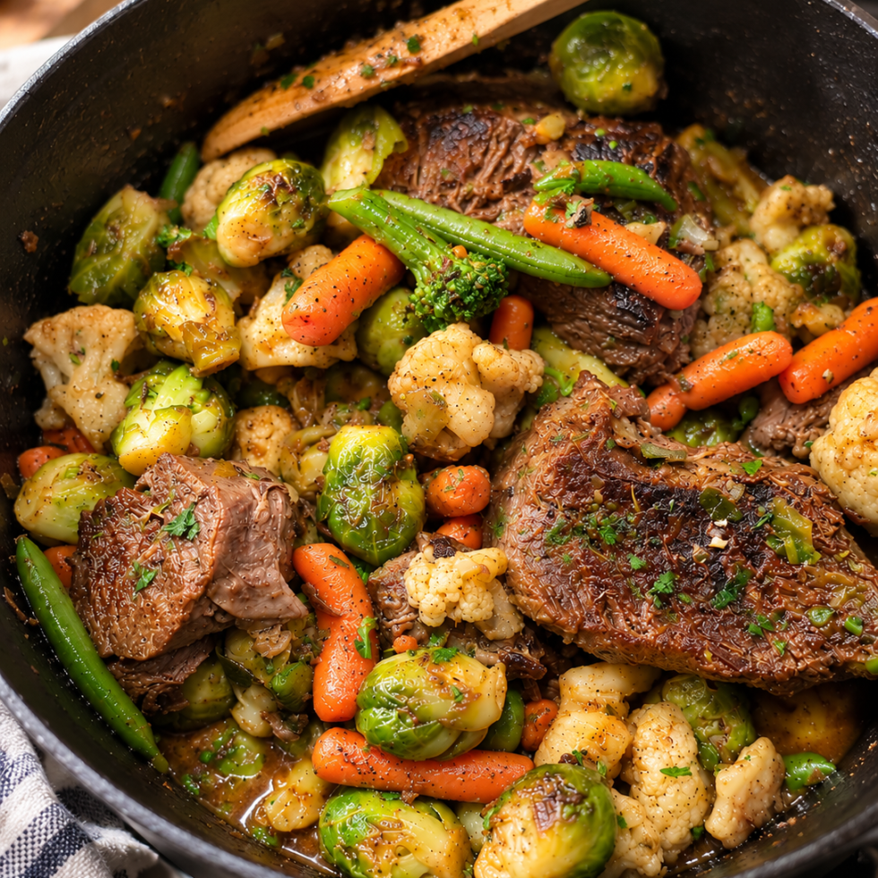 Original image, but with AI enhancements of my improvised Braised Beef & Veggies